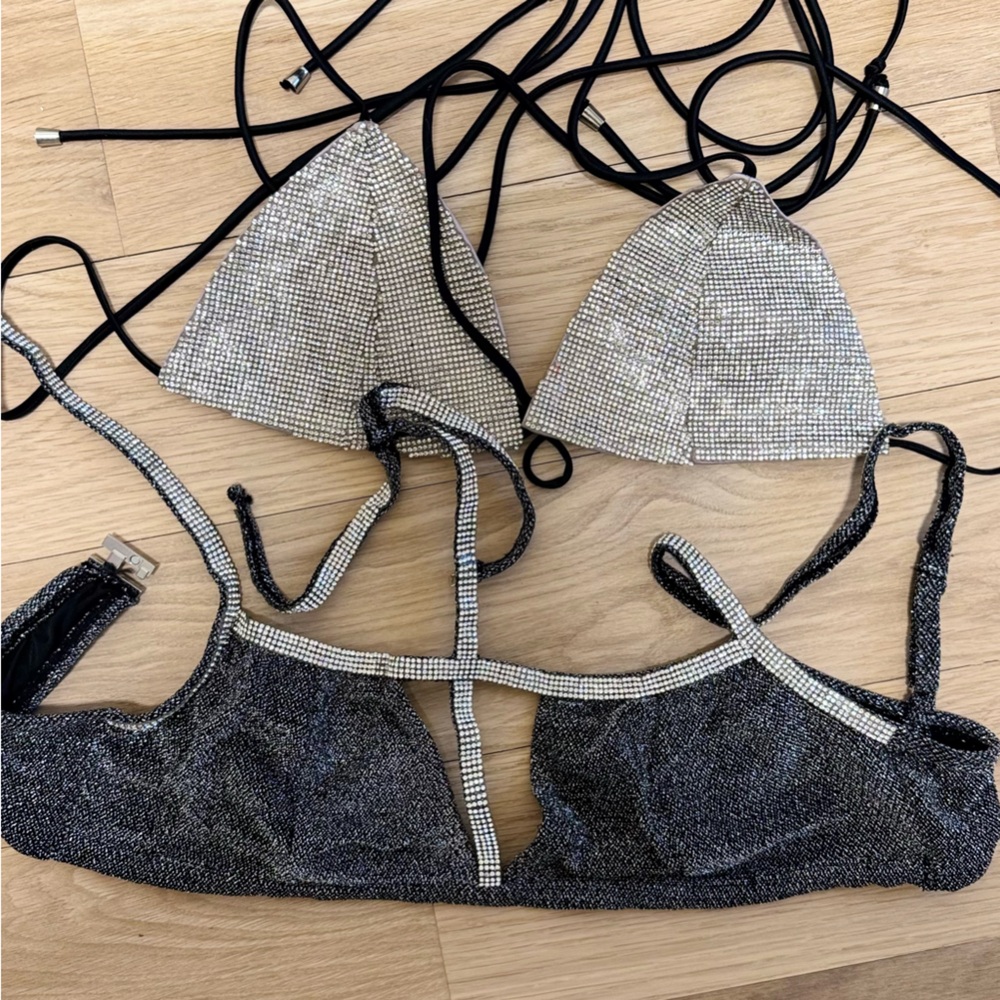 Dolls Kill Diamond Sparkling Black and Silver Bikini Tops